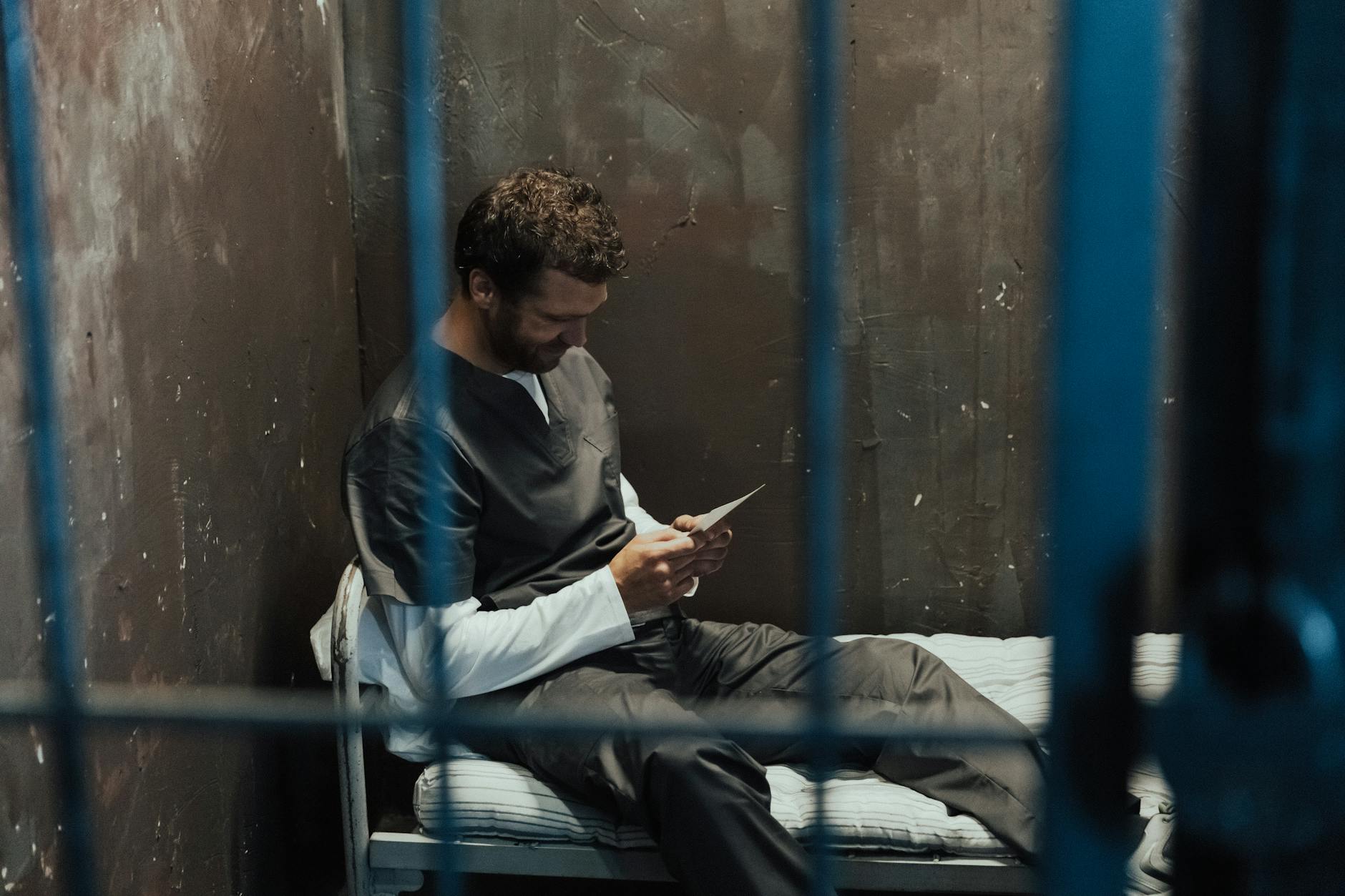 A male prisoner sits on a bed in a jail cell, reading a letter with focused expression.